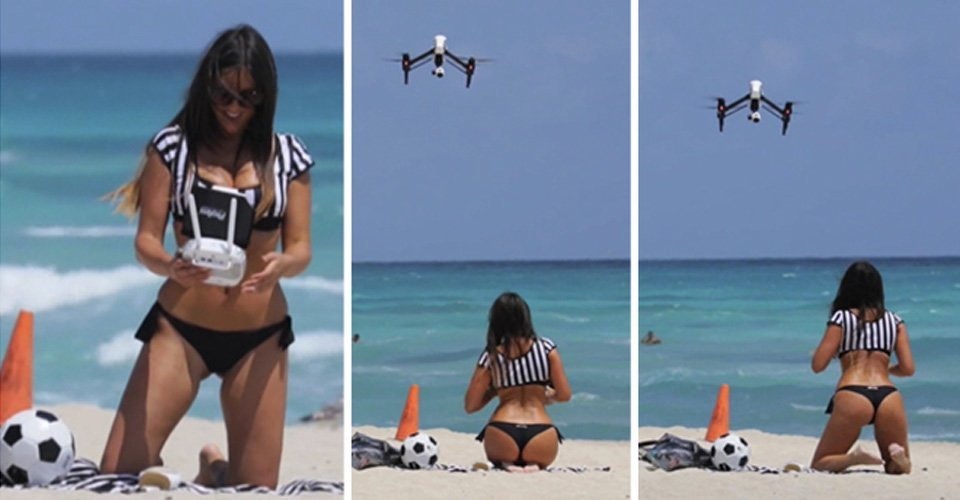 Model Claudia Romani maakt selfies met DJI Inspire 1 drone